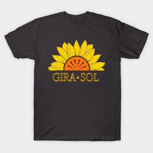 Half sunflower. Half sunflower. Word Sunflower in Spanish and golden strokes. T-Shirt